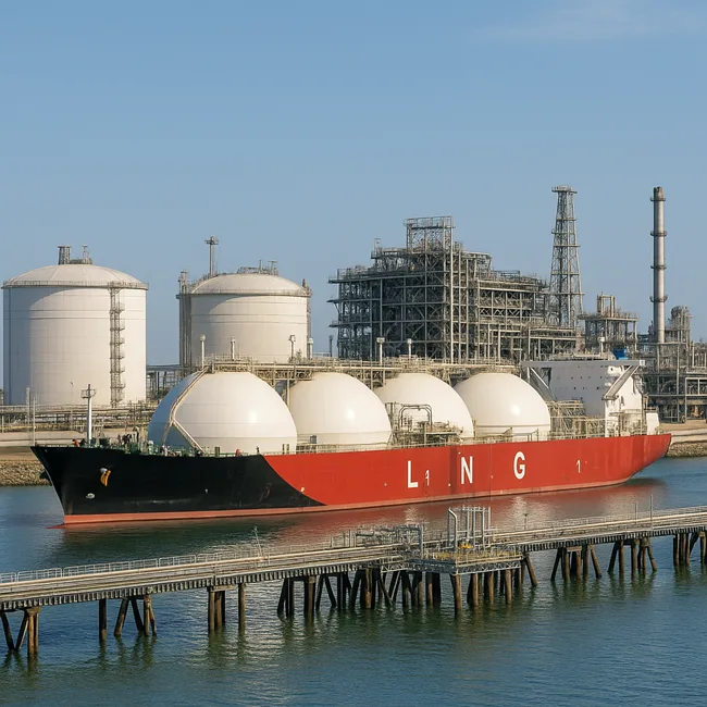 Representative image of an LNG export terminal, reflecting Woodside’s Louisiana LNG and Scarborough projects that are key to its H2 2025 growth strategy.