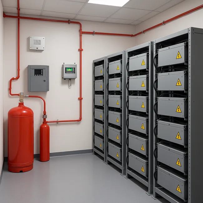 Representative image of building-integrated energy storage systems with advanced fire and gas detection monitoring.