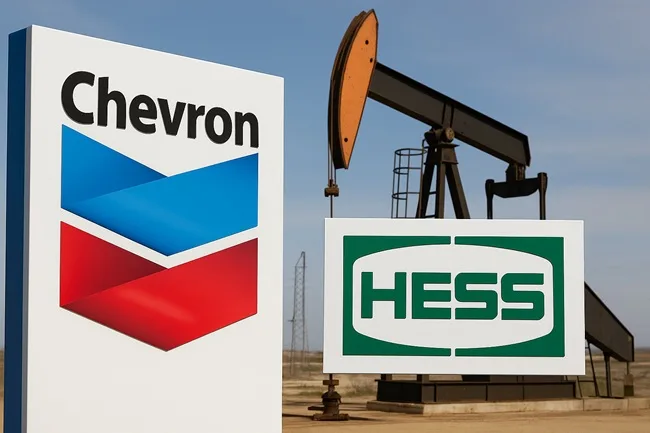 Representative image of Chevron and Hess logos displayed against an oil drilling site, symbolizing the completion of Chevron’s $55 billion acquisition of Hess Corporation.