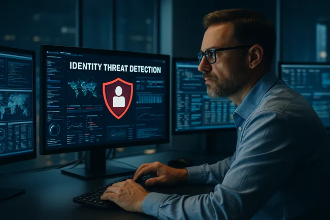 Representative image of a cybersecurity analyst monitoring identity-aware XDR dashboards with real-time SaaS anomaly alerts and adaptive zero-trust enforcement indicators.