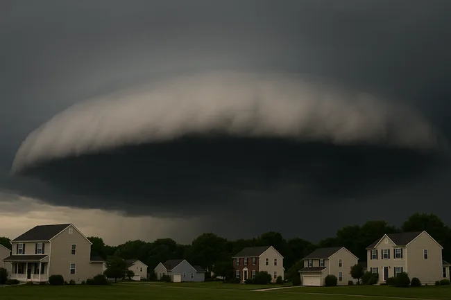 Representative image of a massive shelf cloud rolling over suburban homes in Bowie, Maryland as severe thunderstorms trigger flash flood and tornado warnings across the region.