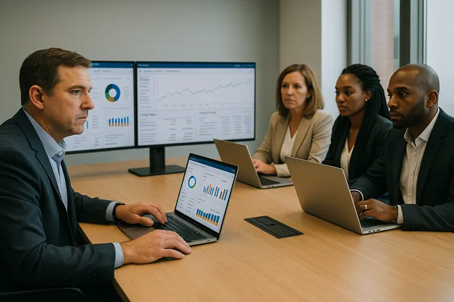 Representative image of enterprise decision-makers reviewing AI agent usage and billing data on combined dashboards in a finance meeting room.
