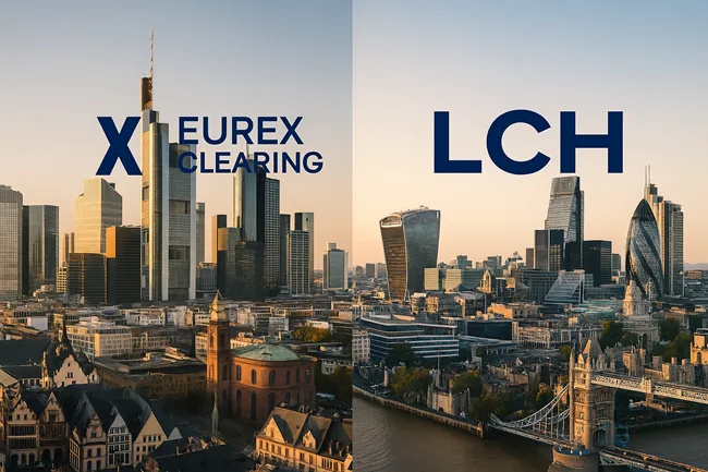 Representative image of Frankfurt’s financial district and clearing infrastructure, symbolising EU CCPs’ push to gain euro swap market share from London before 2028