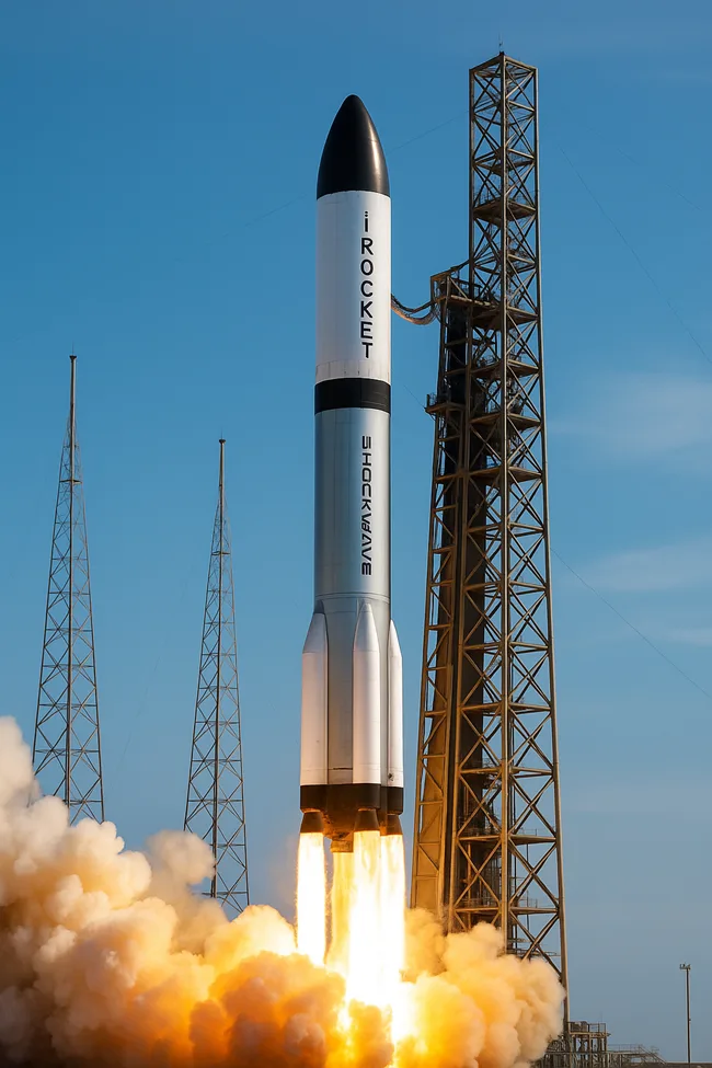 Representative image of iRocket’s Shockwave reusable rocket lifting off, showcasing its 24-hour relaunch design and cost-efficient LEO launch capability