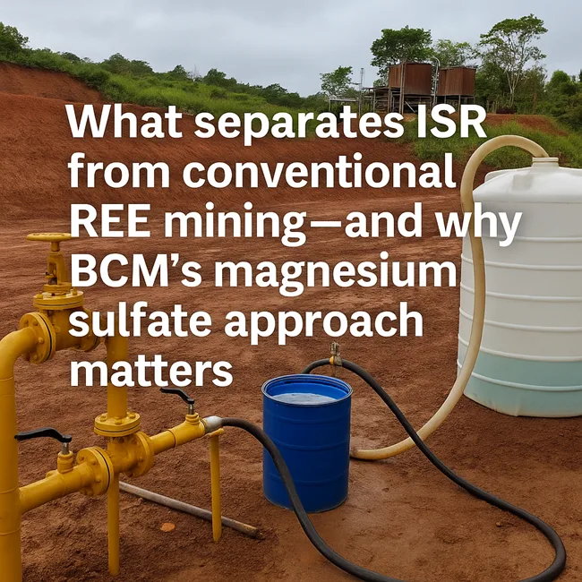 Representative image of ISR field equipment at a clay-hosted rare earth site, illustrating BCM’s magnesium sulfate-based extraction approach