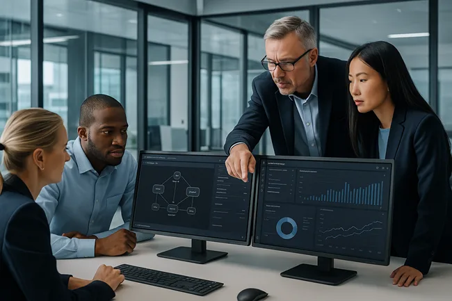 Representative image of enterprise teams analyzing AI agent deployment data, reflecting challenges in scaling multi-agent systems beyond pilot stage.