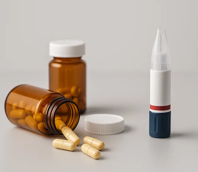 Representative image of next-gen GLP-1 drug formats, featuring oral capsules and dual-agonist injectables under development by emerging biotech companies targeting obesity and metabolic diseases.
