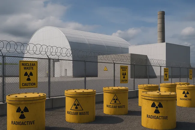 Representative image of a secured nuclear waste storage facility with containment barrels and restricted access, highlighting the growing scale of global decommissioning operations