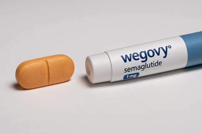 Representative image of oral GLP-1 pill and Wegovy injection, highlighting the shift toward patient-friendly obesity treatments