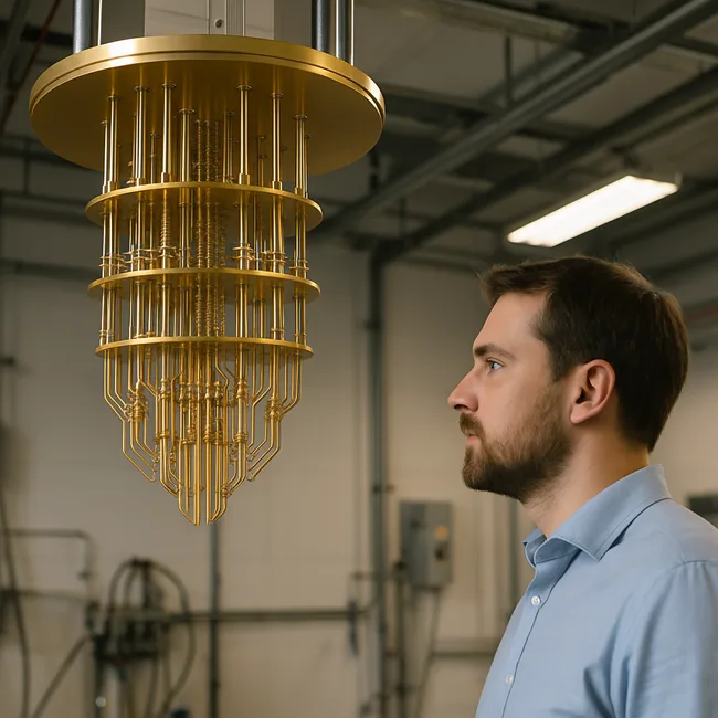 A quantum computing engineer observes a superconducting quantum processor, highlighting the hardware layer that startups like QEDMA aim to optimize through platform-agnostic middleware.