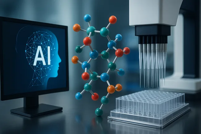 Representative image of AI-driven drug discovery as envisioned by XtalPi and DoveTree, combining quantum simulations, robotics, and protein engineering.