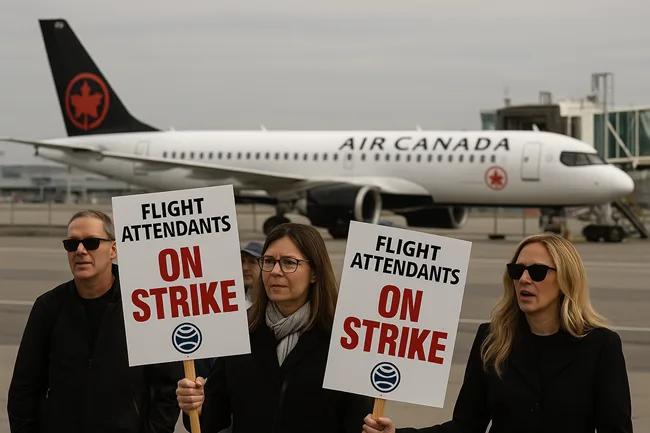 Representative image: Air Canada flight attendants protest at Toronto Pearson Airport, highlighting the strike that grounded most flights and disrupted peak summer travel.