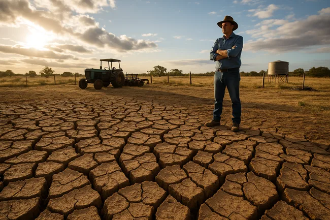 Representative image of an Australian farmer facing drought challenges, reflecting concessional loan support through the Regional Investment Corporation to build climate resilience and rural sustainability.