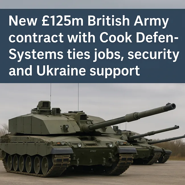 Representative image of British Army Challenger tanks fitted with Cook Defence Systems tracks, highlighting the £125m MOD contract securing UK jobs and Ukraine support