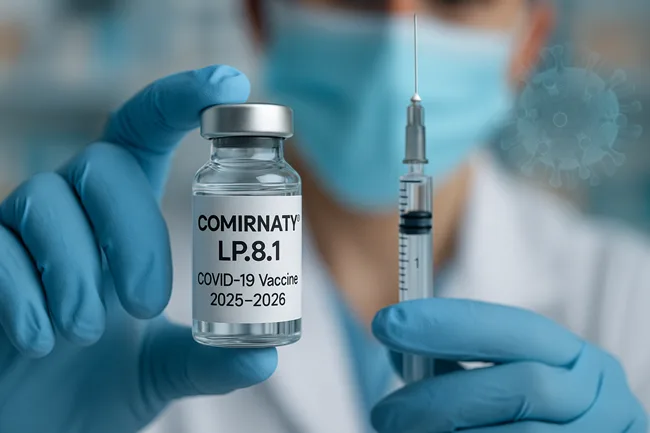 Representative image of the COMIRNATY LP.8.1 COVID-19 vaccine approved by the FDA for high-risk groups in the 2025–2026 respiratory season, developed by Pfizer and BioNTech.