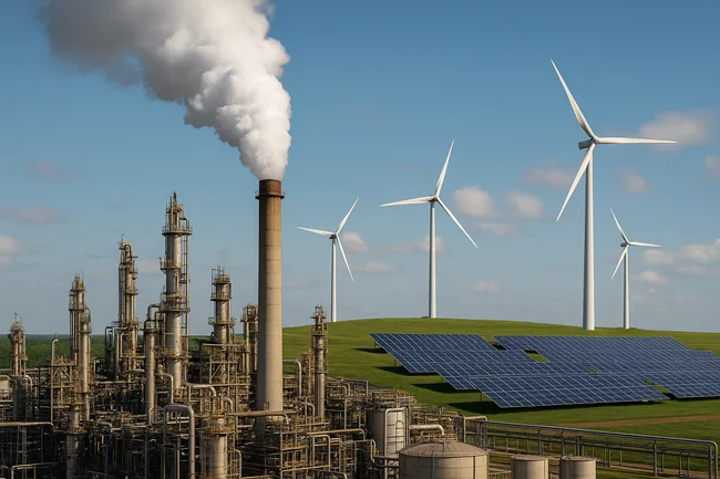 Representative image of China’s coal-to-chemical industry emitting carbon dioxide alongside expanding wind turbines and solar panels, reflecting the nation’s 2025 emissions dilemma.