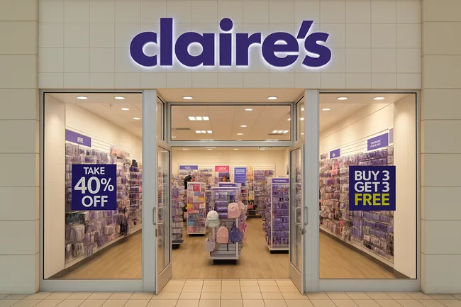 Representative image of a Claire’s retail store in North America, as the fashion accessories brand sells stores and IP to Ames Watson amid restructuring.