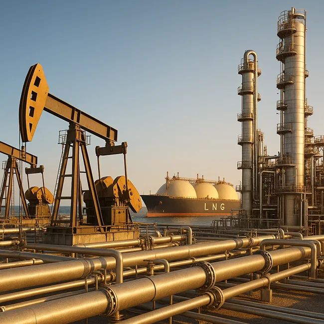 Oil pumpjacks and LNG infrastructure at an integrated energy facility, reflecting ConocoPhillips’ Q2 2025 focus on production growth, LNG expansion, and cost optimization.