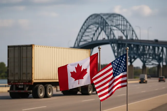 Representative image: Cross-border trade trucks move under Canada and U.S. flags at a major border crossing, reflecting tariff rollbacks and renewed negotiations under USMCA.