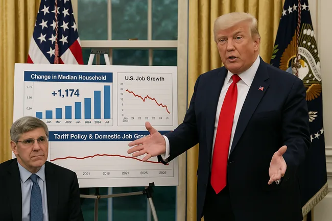 Representative image: U.S. President Donald Trump presents charts on income growth, job statistics, and tariff policy in the Oval Office alongside economist Stephen Moore after the release of the weak July 2025 jobs report.