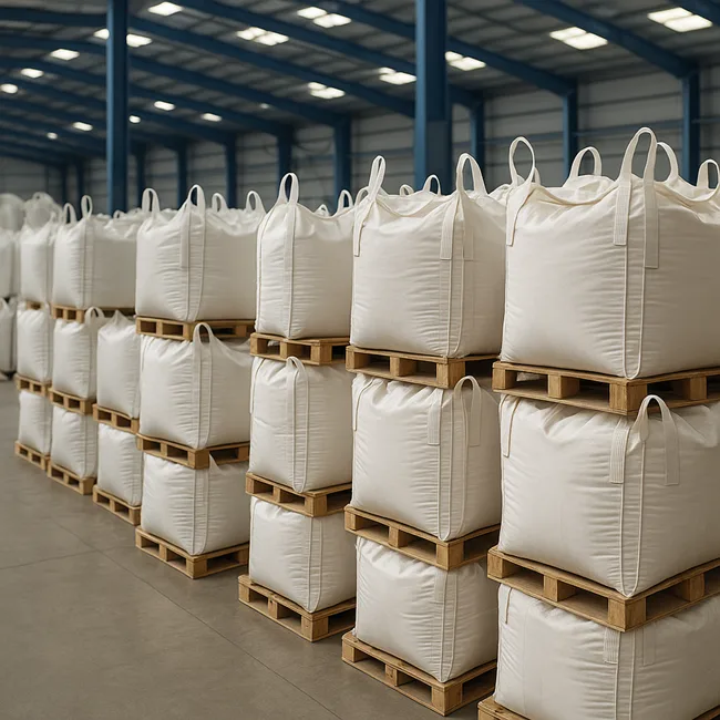 FIBC bulk bags stacked in a warehouse, reflecting how Indian packaging exporters like Kanpur Plastipack are leveraging trade pacts to challenge global giants.
