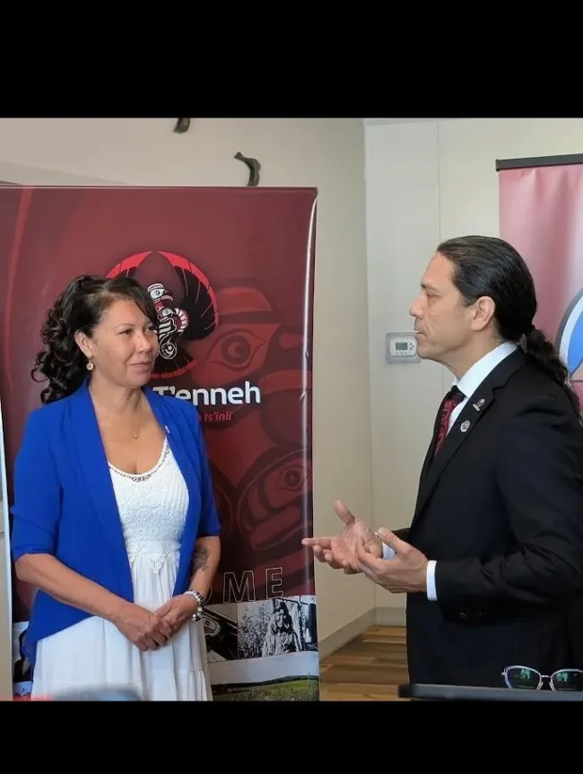 Chief Dolleen Logan of Lheidli T'enneh First Nation with Bill Lomax, President and CEO of First Nations Bank of Canada, announcing the C$10 million investment in Prince George, British Columbia.