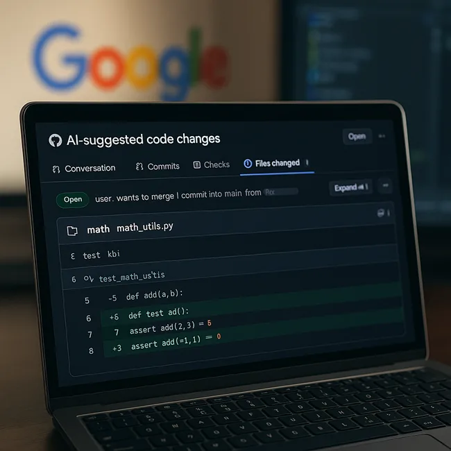 A GitHub pull request window displays AI-suggested code changes, with Google branding and Android Studio visible in the background—illustrating how Jules automates software development tasks.
