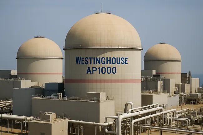 Three nuclear cooling towers in India under clear skies, symbolizing the country’s push to expand atomic power through projects like the Westinghouse AP1000 deal.