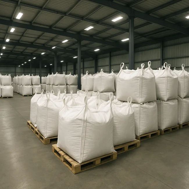 Stacked FIBC bulk bags inside a modern warehouse, representing Kanpur Plastipack’s record Q1 FY26 results and global expansion with its UK acquisition.