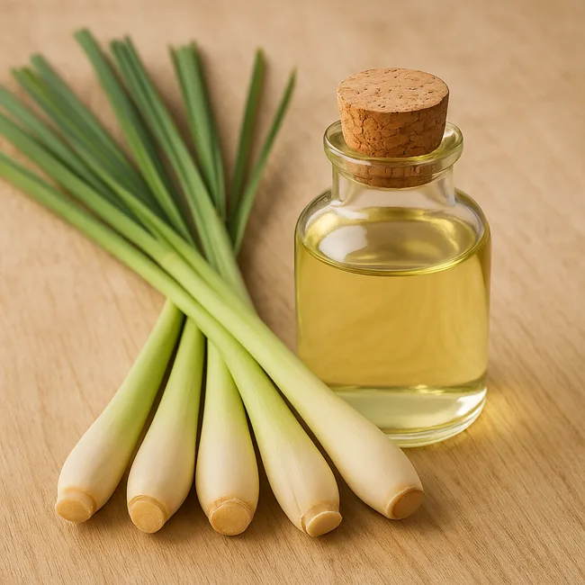 A glass bottle of golden lemongrass essential oil with fresh green stalks on a wooden surface, highlighting Kerala’s aromatic wellness export.