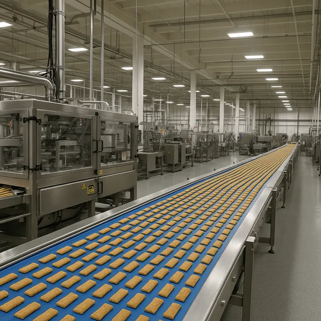 Interior of a modern snack bar production facility with automated conveyors at full capacity, similar to Mars’s new Nature’s Bakery plant in Salt Lake City.