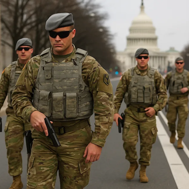 Representative image: National Guard troops patrol near the U.S. Capitol in Washington, D.C., symbolizing the new directive allowing soldiers to carry M17 pistols under Title 32 deployment.