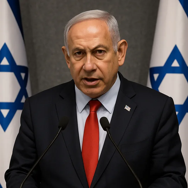 Representative image: Israeli Prime Minister Benjamin Netanyahu delivers a statement flanked by national flags, amid reports confirming his decision to pursue full military occupation of Gaza.