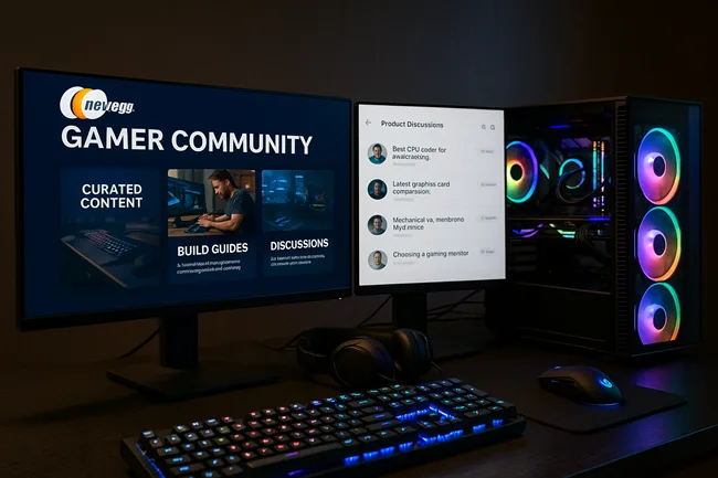 Newegg’s gamer community showcased in a high-end RGB-lit gaming setup, reflecting the platform’s focus on PC builders, enthusiasts, and interactive engagement.