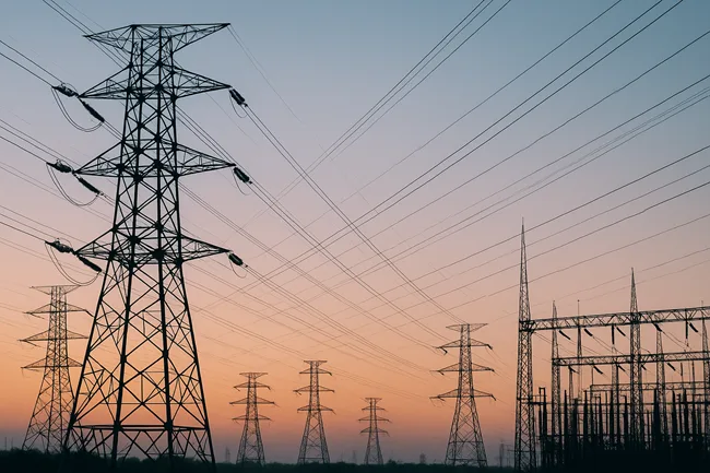 Representative image of North American power transmission lines and substations, illustrating Qualus’ planned acquisition of Wood’s T&D engineering business for grid modernization.