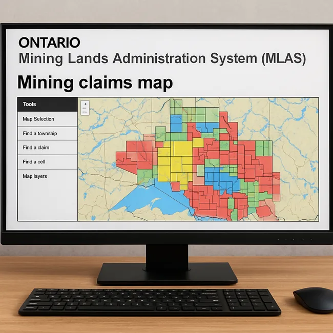 Representative image of Ontario’s Mining Lands Administration System (MLAS) digital map interface displaying active mineral claims.