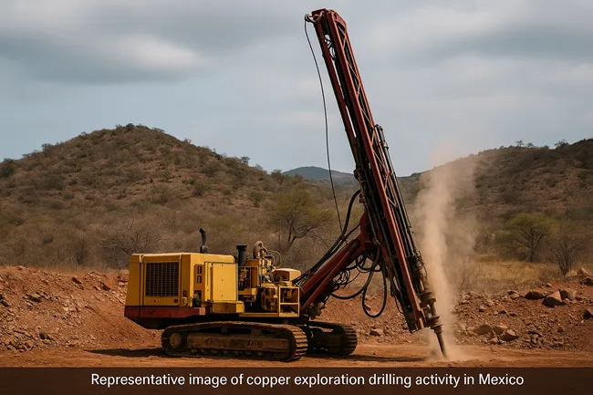 Exploration drilling underway at a copper project site in Mexico, reflecting Oroco Resource’s progress at the Santo Tomas deposit after SEMARNAT’s approval.