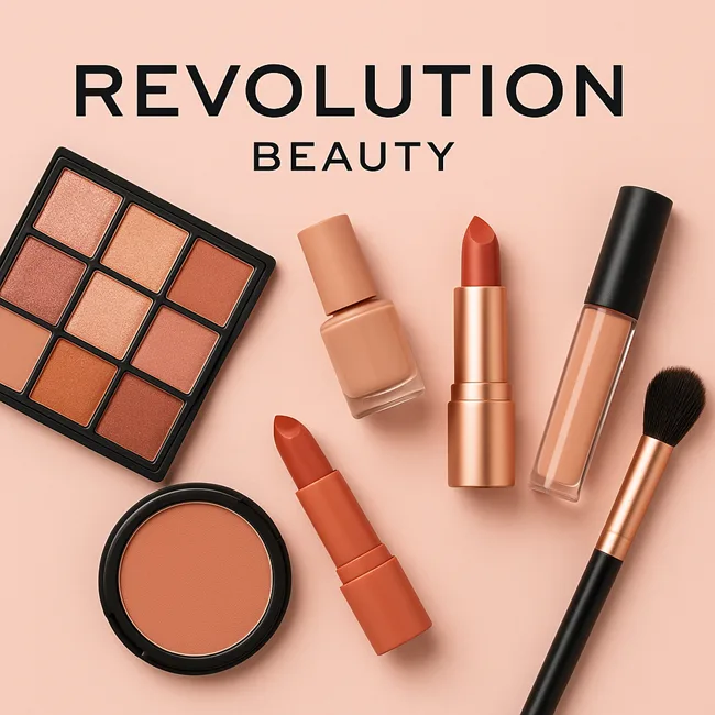 Representative image of Revolution Beauty cosmetics products, showcasing lipsticks, eyeshadow, and blush that highlight the brand’s affordable beauty appeal.