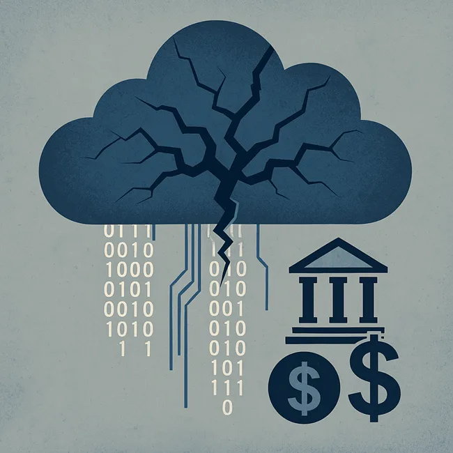 Representative image of a fractured SaaS cloud leaking binary data, symbolizing the rise of Salesforce and SaaS data breaches threatening financial services in 2025.
