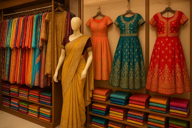 Representative image of sarees and ethnic wear collections in India’s retail stores, reflecting the growing demand that Saraswati Saree Depot is targeting with its Q1 FY26 expansion into men’s wear and digital commerce.