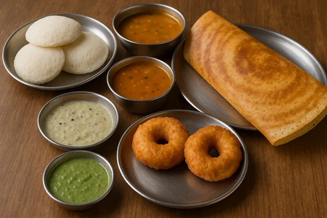 Representative image of classic South Indian breakfast at a vegetarian café in Hyderabad, featuring idlis, vadas, masala dosa, sambar, and chutneys—typical of what draws loyal crowds to Swathi Coffee Shoppe in Kacheguda and Hyderguda.