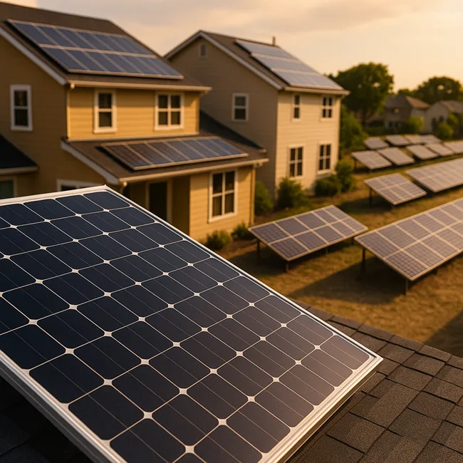 Representative image: Rooftop and community solar panels in U.S. neighborhoods, highlighting clean energy access and renewable power solutions for low-income households.