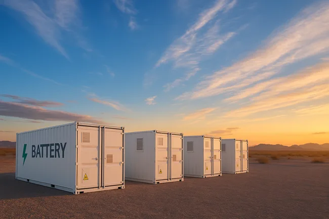 Utility-scale battery storage containers in the Arizona desert, representing the Beehive Battery Energy Storage System acquired by Copenhagen Infrastructure Partners from EDF power solutions.