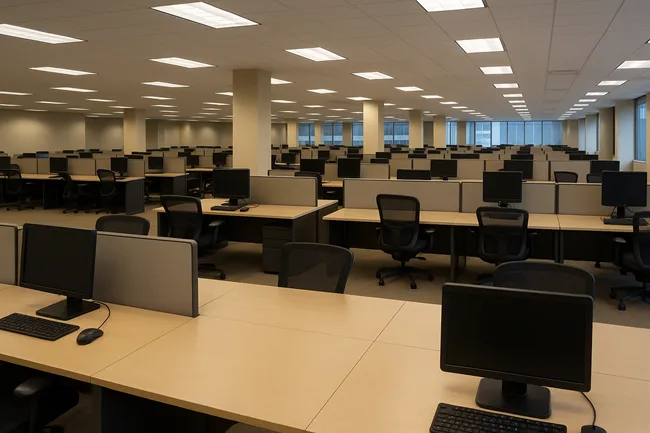 Representative image of a modern Indian IT delivery center with minimal staff presence, symbolizing the industry’s shift away from bench-heavy workforce models in 2025.