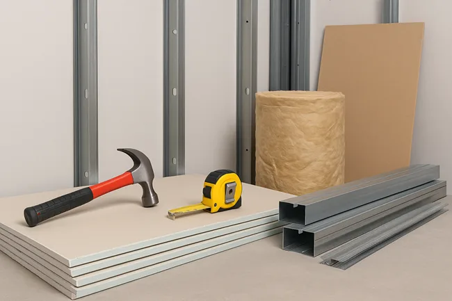 Representative image of construction materials such as drywall, insulation, and metal framing, highlighting Lowe’s USD 8.8 billion acquisition of Foundation Building Materials to expand its Pro customer strategy.
