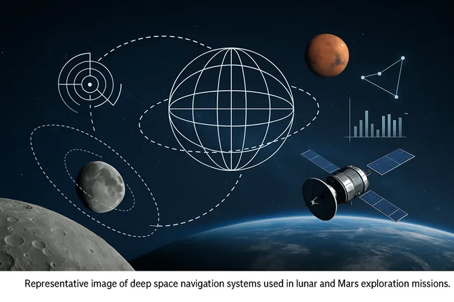 Deep space navigation systems integrating lunar landers, orbital satellites, and Mars communications for Moon-to-Mars exploration missions.