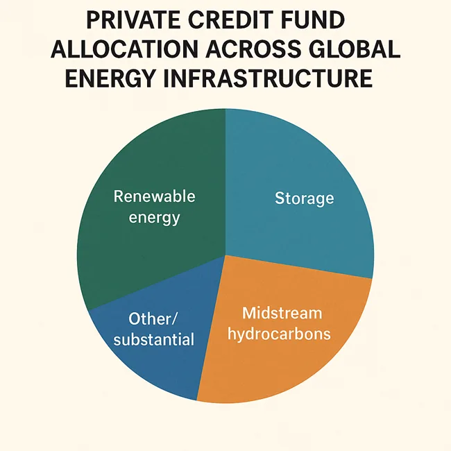 Representative chart showing private credit fund allocation across renewable energy, storage, and midstream hydrocarbons—reflecting Nuveen’s $1.3 billion EPIC II strategy.