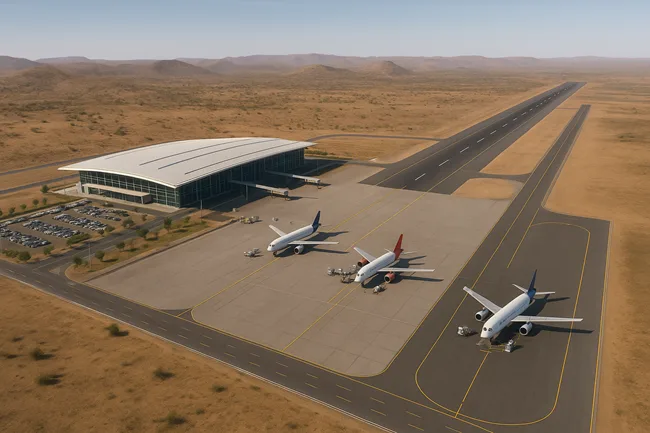 Aerial view of a modern greenfield airport in Rajasthan, symbolizing the upcoming ₹1,507 crore Kota–Bundi project set to transform India’s coaching capital into a regional aviation hub.