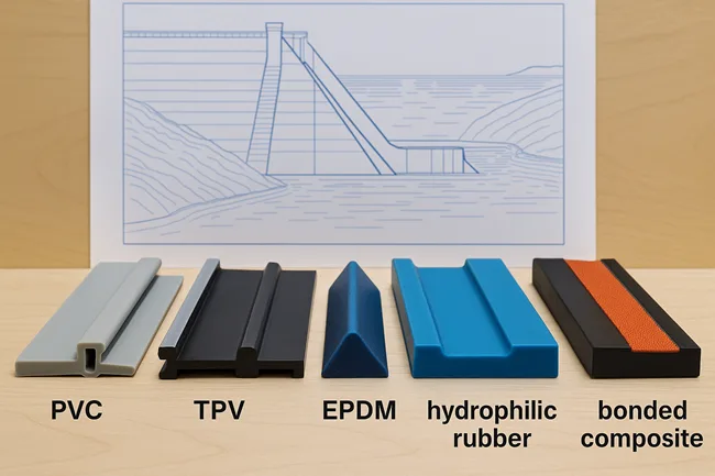 Representative image: Waterstop profiles in PVC, TPV, EPDM, hydrophilic rubber, and bonded composite—commonly used in sealing critical joints in large concrete dams.