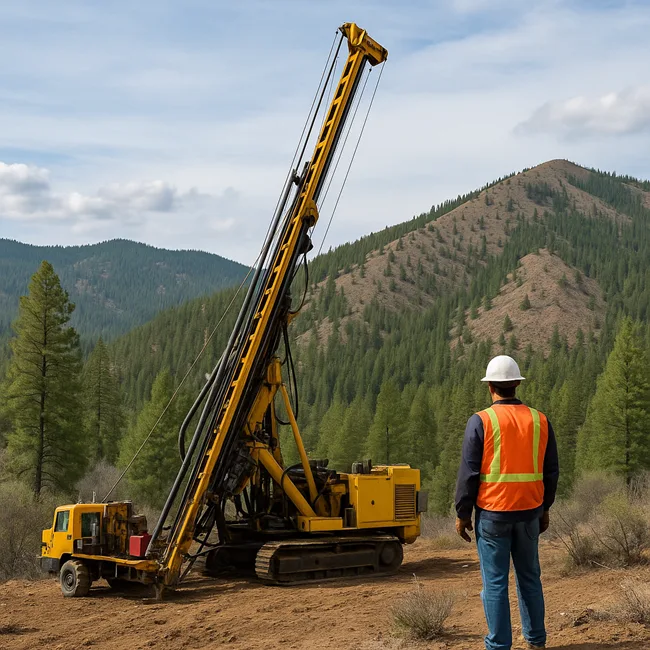 Representative image of mineral exploration drilling in Idaho’s historic Stibnite Mining District, where Metallis Resources is testing gold, silver, and antimony at the Greyhound property.